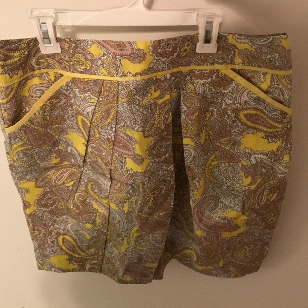 Yellow patterned mock wrap style skirt